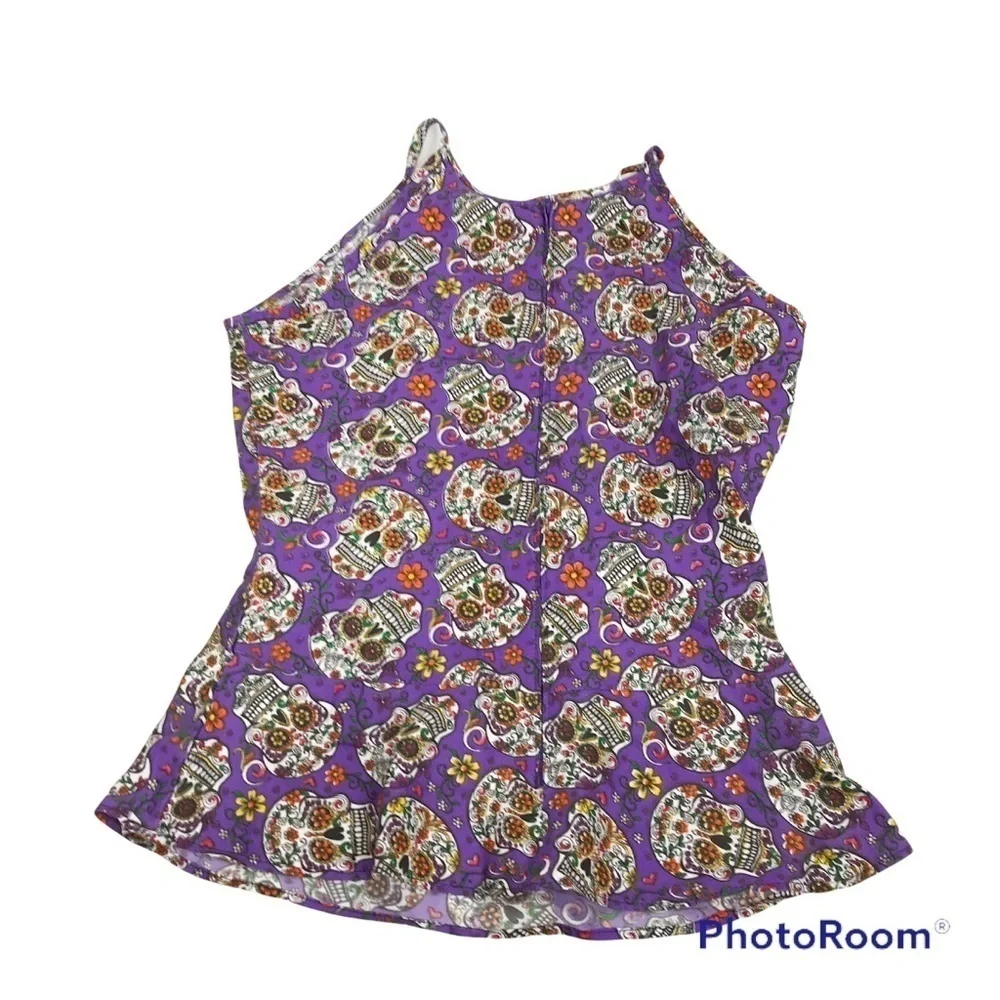 Sugar skull all over print peplum sleeveless tank top